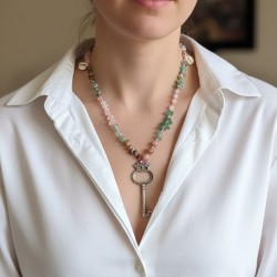 Krizopras, Prehnit ve Pembe Kuvars Doğal Taş Anahtar Kolye