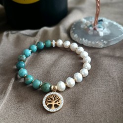 Çelik Yaşam Çiçeği Orijinal Firuze & İnci Bileklik 