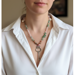 Krizopras, Prehnit ve Pembe Kuvars Doğal Taş Anahtar Kolye