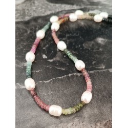 Gerçek İnci ve Karpuz Turmalin Rondela Faset Kesim Kolye – Doğal Taş El Yapımı