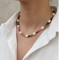 Gerçek İnci ve Karpuz Turmalin Rondela Faset Kesim Kolye – Doğal Taş El Yapımı