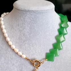  Kare Kesim Aventurin ve Arpa Tatlı Su İncili Kolye – 40 cm Doğal Taş Tasarım