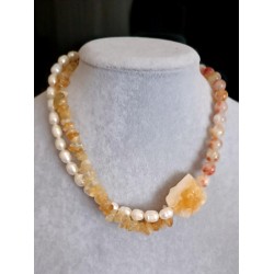 Ham Sitrin ve Tatlı Su İncisi Kolye – Doğal Taş, 8 mm Sitrin ve Çelik Kapama