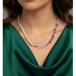  Somon İnci & Ham Pembe Kuvars Doğal Taş Kolye – 4 mm İnci, 3 mm Mix Taş, Çelik Aparatlı 40 cm