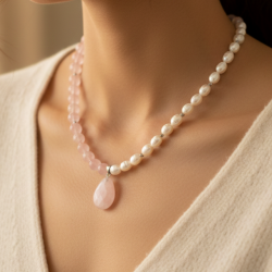  Pembe Kuvars ve Arpa Kesim Tatlı Su İncili Doğal Taş Kolye – El Yapımı Zarif Tasarım