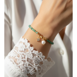 Minimal Zümrüt Taşı Bileklik | İnci ve Çiçek Charm Detaylı | Çelik Kapamalı Doğal Taş Bileklik