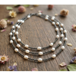 Faset Kesim Hematit ve İnci Katmanlı Kolye | Çelik Aparatlı | 3’lü Doğal Taş Kolye Seti