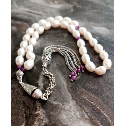  Arpa İnci ve Yakut Taşlı 33’lü Tesbih – Yakut Püsküllü El Yapımı Doğal Taş Tesbih