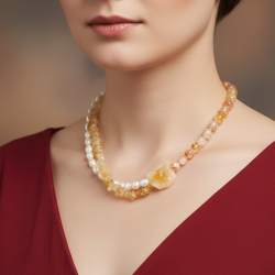 Ham Sitrin ve Tatlı Su İncisi Kolye – Doğal Taş, 8 mm Sitrin ve Çelik Kapama