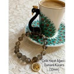 Faset Kesim Dumanlı Kuvars Hayat Ağacı Bileklik – Doğal Taş Çelik Charm Bileklik