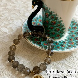 Faset Kesim Dumanlı Kuvars Hayat Ağacı Bileklik – Doğal Taş Çelik Charm Bileklik
