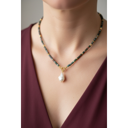 Rondela Kesim Hint Akik Doğal Taş Kolye | Gemici Kilitli Barok İnci Uçlu El Yapımı Tasarım