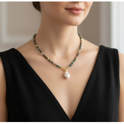 Rondela Kesim Hint Akik Doğal Taş Kolye | Gemici Kilitli Barok İnci Uçlu El Yapımı Tasarım