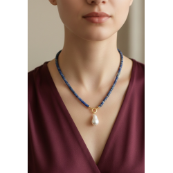 Rondela Kesim Lapis Lazuli Doğal Taş Kolye | Gemici Kilitli Barok Kolye Uçlu El Yapımı Tasarım