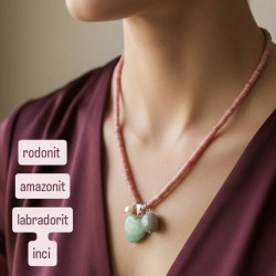 Rodonit Minimal Kolye – Rondela Kesim Doğal Taş, İnci Amazonit Labradorit Charm
