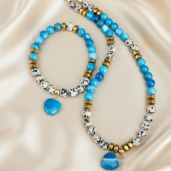 Dalmaçyalı Jasper ve Mavi Akik Doğal Taşlı Kolye Bileklik Seti, Mavi Kalp Kolye Ucu, Gold Hematit Detaylı El Yapımı Takı Seti