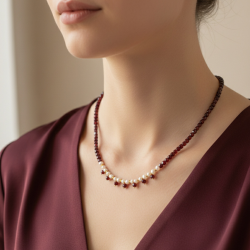 Granat ve İnci Choker Kolye – Küp Kesim Doğal Taş, 40 cm Çelik Aparatlı Zarif Tasarım