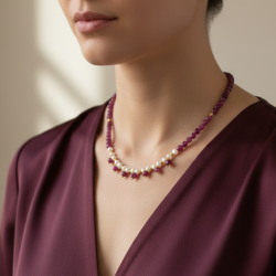 Yakut ve İnci Choker Kolye – Küp Kesim Doğal Taş, 40 cm Çelik Aparatlı Zarif Tasarım