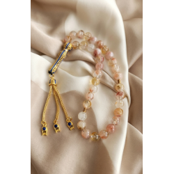 Sitrin Taşı 33’lü Tesbih Gold Mavi Mineli İmameli – Doğal Taş Şifa Tesbih, Enerji ve Bolluk Taşı