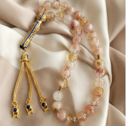 Sitrin Taşı 33’lü Tesbih Gold Mavi Mineli İmameli – Doğal Taş Şifa Tesbih, Enerji ve Bolluk Taşı