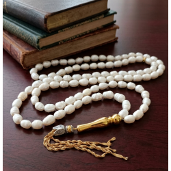 Arpa Kesim Doğal İnci Tesbih – Gold İmame ve Püsküllü 99’lu Zarif İnci Tesbih