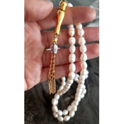 Arpa Kesim Doğal İnci Tesbih – Gold İmame ve Püsküllü 99’lu Zarif İnci Tesbih