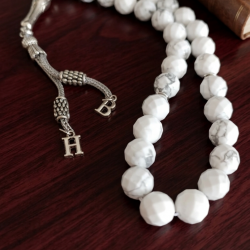 Kişiye Özel Havlit Tesbih 33’lü Faset Kesim – Gold İmameli 2 Harf İsimli Püskül, Büyük Boy Doğal Taş Tesbih