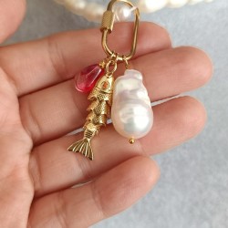 Charm Seti – Çelik Vidalı Kilit Nar Tanesi Barok İnci ve Balık Charm Kolye Ucu Seti
