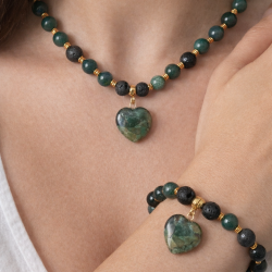 Yosunlu Akik ve Lav Taşı Doğal Taşlı Kolye Bileklik Seti, Kalp Kolye Ucu ve Sallantılı Bileklik, Gold Hematit Detaylı El Yapımı Takı