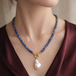 Rondela Kesim Lapis Lazuli Doğal Taş Kolye | Gemici Kilitli Barok Kolye Uçlu El Yapımı Tasarım