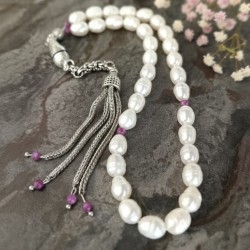  Arpa İnci ve Yakut Taşlı 33’lü Tesbih – Yakut Püsküllü El Yapımı Doğal Taş Tesbih