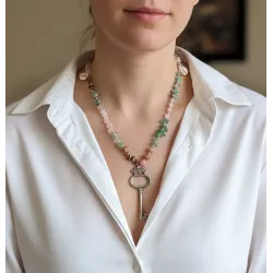 Krizopras, Prehnit ve Pembe Kuvars Doğal Taş Anahtar Kolye