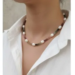 Gerçek İnci ve Karpuz Turmalin Rondela Faset Kesim Kolye – Doğal Taş El Yapımı