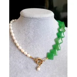  Kare Kesim Aventurin ve Arpa Tatlı Su İncili Kolye – 40 cm Doğal Taş Tasarım