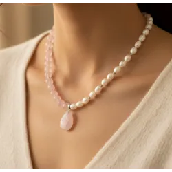  Pembe Kuvars ve Arpa Kesim Tatlı Su İncili Doğal Taş Kolye – El Yapımı Zarif Tasarım