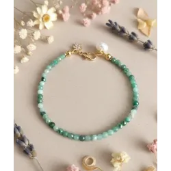 Minimal Zümrüt Taşı Bileklik | İnci ve Çiçek Charm Detaylı | Çelik Kapamalı Doğal Taş Bileklik