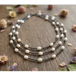 Faset Kesim Hematit ve İnci Katmanlı Kolye | Çelik Aparatlı | 3’lü Doğal Taş Kolye Seti