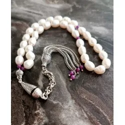  Arpa İnci ve Yakut Taşlı 33’lü Tesbih – Yakut Püsküllü El Yapımı Doğal Taş Tesbih