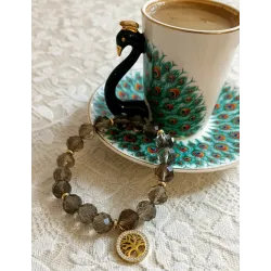 Faset Kesim Dumanlı Kuvars Hayat Ağacı Bileklik – Doğal Taş Çelik Charm Bileklik