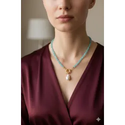 Açık Mavi Apatit Heishi Kesim Kolye – Gemici Kilitli, Barok İnci Sallantılı Doğal Taş Tasarım