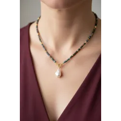 Rondela Kesim Hint Akik Doğal Taş Kolye | Gemici Kilitli Barok İnci Uçlu El Yapımı Tasarım