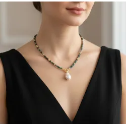 Rondela Kesim Hint Akik Doğal Taş Kolye | Gemici Kilitli Barok İnci Uçlu El Yapımı Tasarım