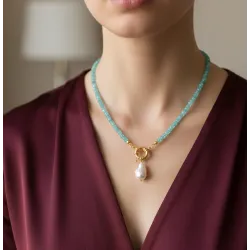 Açık Mavi Apatit Heishi Kesim Kolye – Gemici Kilitli, Barok İnci Sallantılı Doğal Taş Tasarım