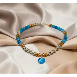 Dalmaçyalı Jasper ve Mavi Akik Doğal Taşlı Kolye Bileklik Seti, Mavi Kalp Kolye Ucu, Gold Hematit Detaylı El Yapımı Takı Seti