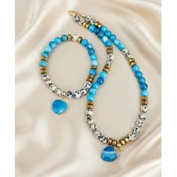 Dalmaçyalı Jasper ve Mavi Akik Doğal Taşlı Kolye Bileklik Seti, Mavi Kalp Kolye Ucu, Gold Hematit Detaylı El Yapımı Takı Seti