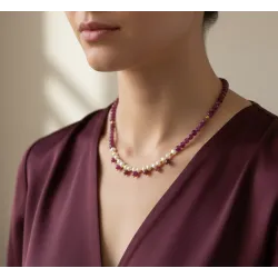 Yakut ve İnci Choker Kolye – Küp Kesim Doğal Taş, 40 cm Çelik Aparatlı Zarif Tasarım