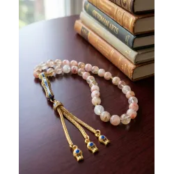 Sitrin Taşı 33’lü Tesbih Gold Mavi Mineli İmameli – Doğal Taş Şifa Tesbih, Enerji ve Bolluk Taşı