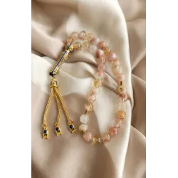 Sitrin Taşı 33’lü Tesbih Gold Mavi Mineli İmameli – Doğal Taş Şifa Tesbih, Enerji ve Bolluk Taşı