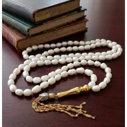 Arpa Kesim Doğal İnci Tesbih – Gold İmame ve Püsküllü 99’lu Zarif İnci Tesbih