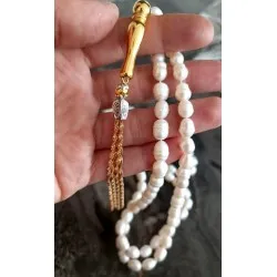 Arpa Kesim Doğal İnci Tesbih – Gold İmame ve Püsküllü 99’lu Zarif İnci Tesbih